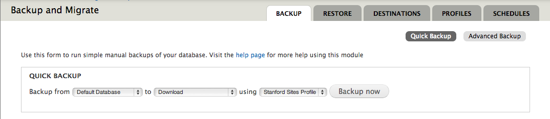 Screenshot of Backup and Migrate database