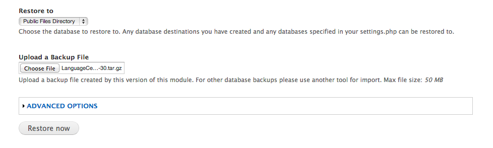 Screenshot of Backup and Migrate Restore files