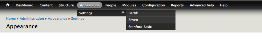 Stanford Basic theme settings in the admin menu