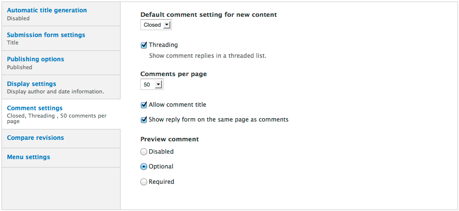 Comment settings