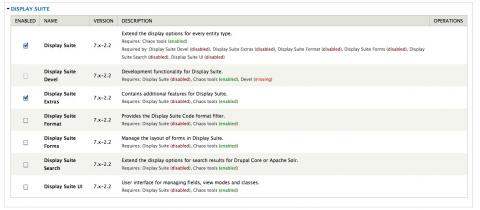 Screenshot of the modules page, showing Display Suite and Display Suite Extras modules checked