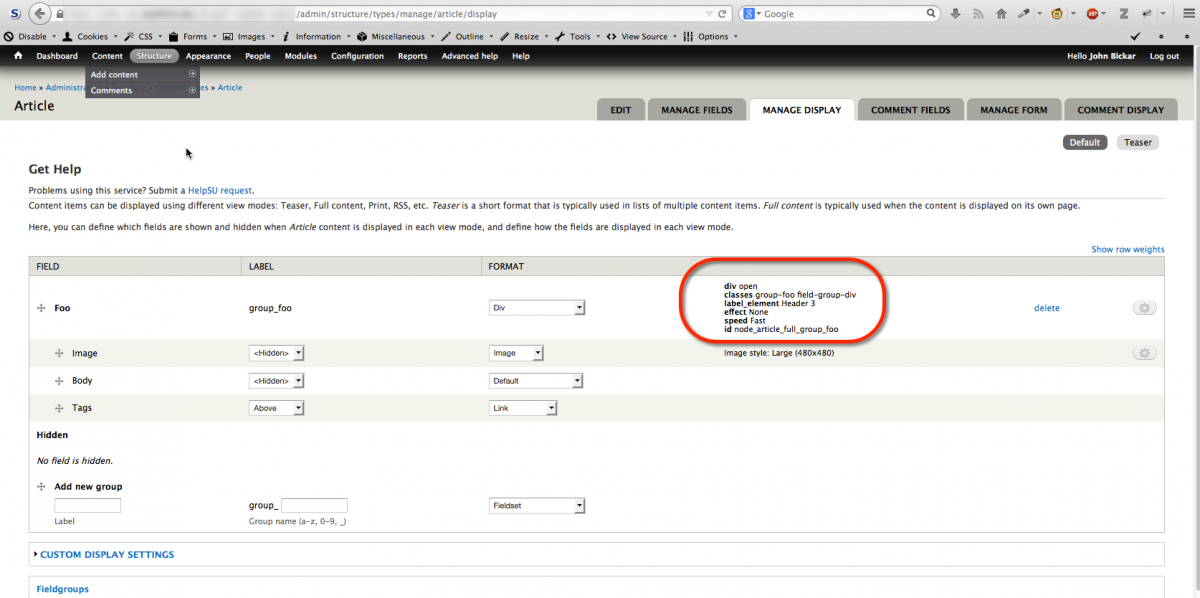 Configuration screen for Field Group