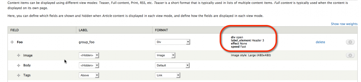Configuration screen for Field Group